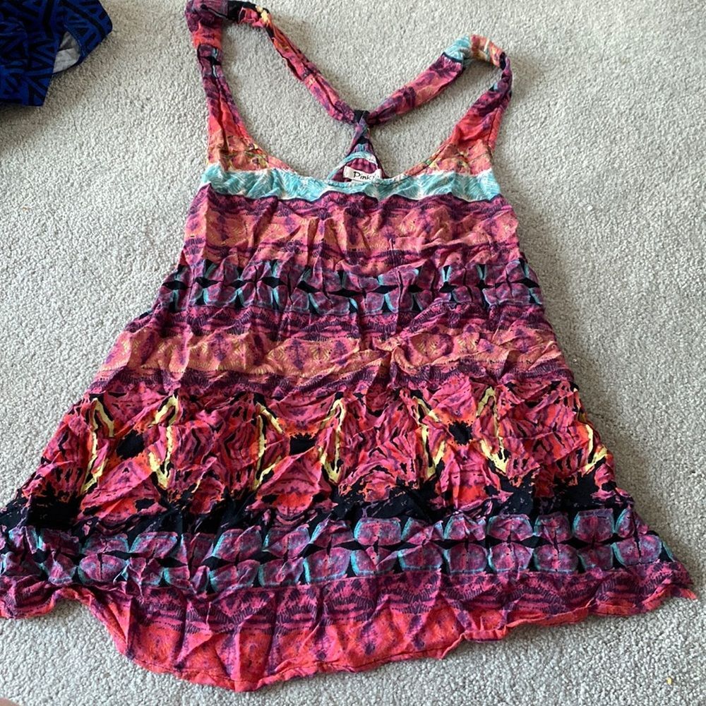 Pinky tank top in rayon large, pink, blue, yellow, slight rips on bottom sides